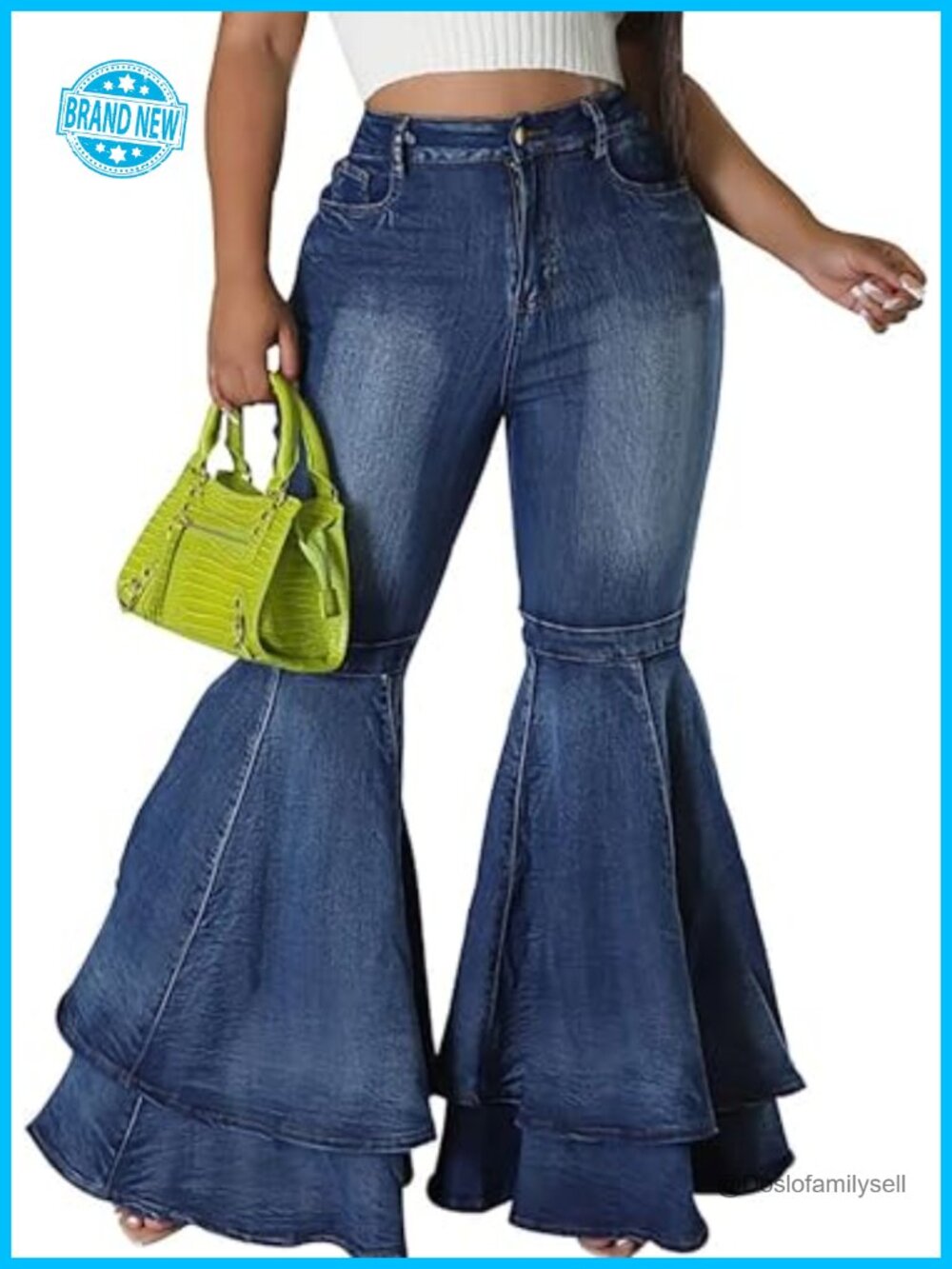 High Waist Flare Wide Leg Jeans Pleated Ruffle Hem Stretchy Denim